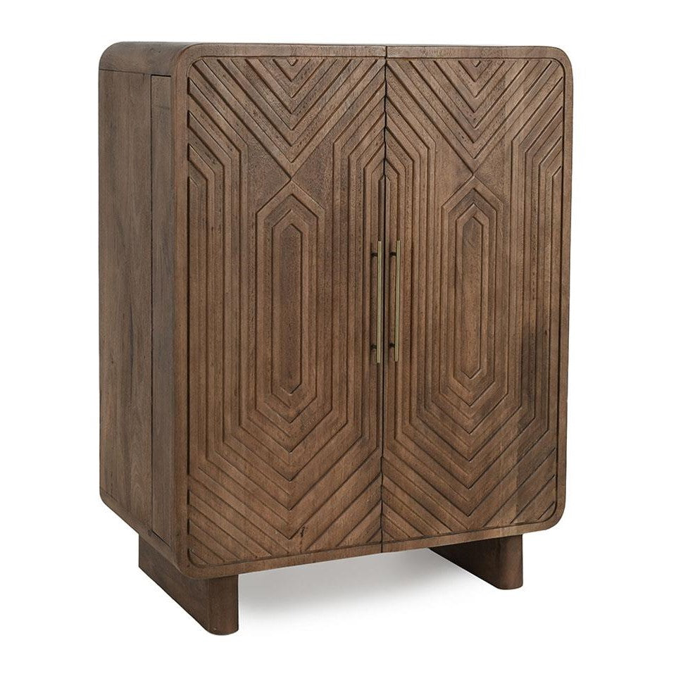 Wooden cabinet with geometric patterns and metal handles.