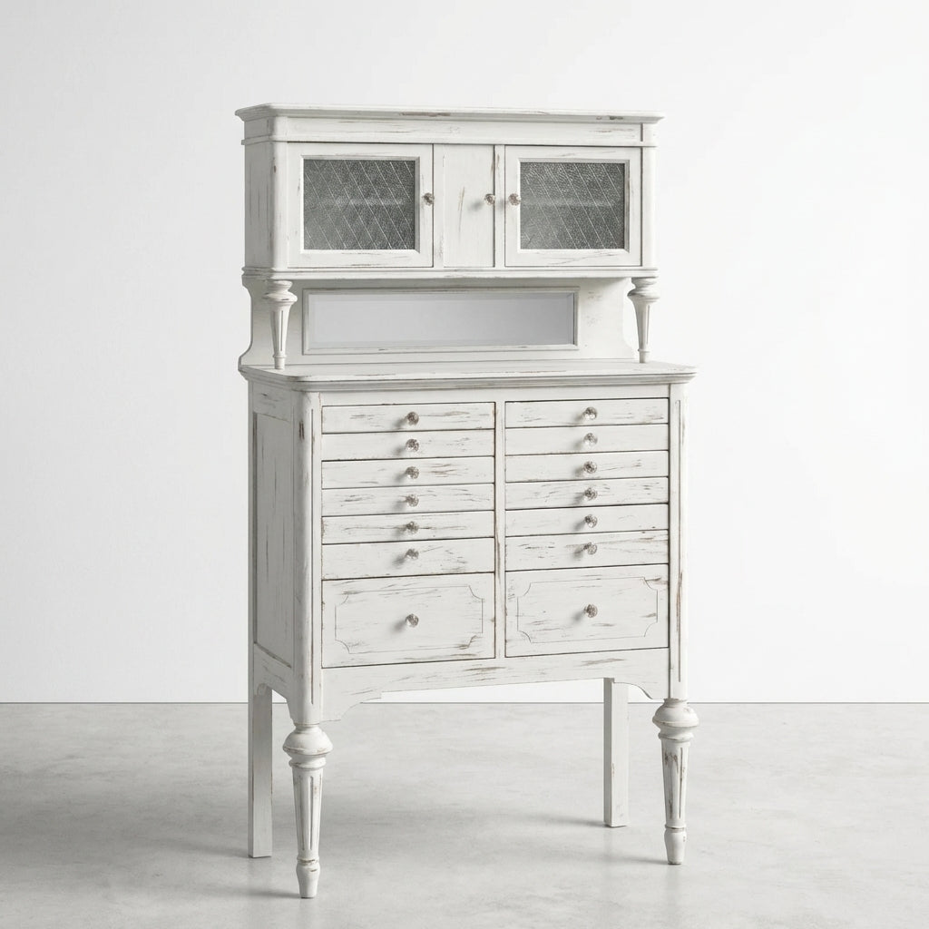 Vintage white distressed cabinet with glass doors and multiple drawers.