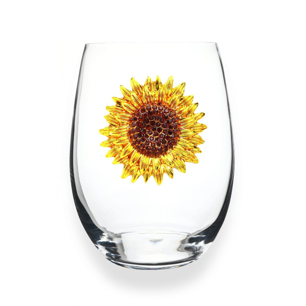 Clear glass with a sunflower design in vibrant yellow and brown hues.