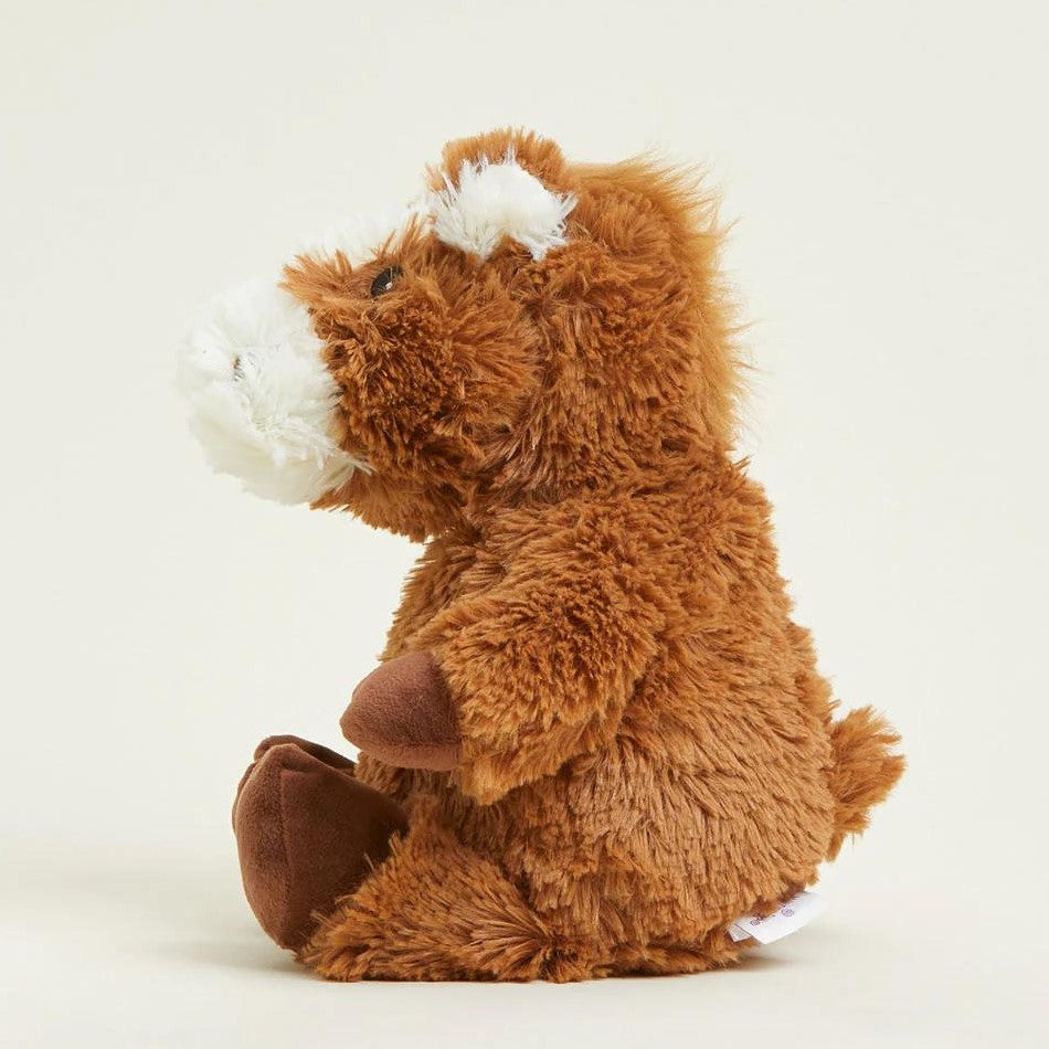 Cute brown teddy bear sitting sideways on a light background.