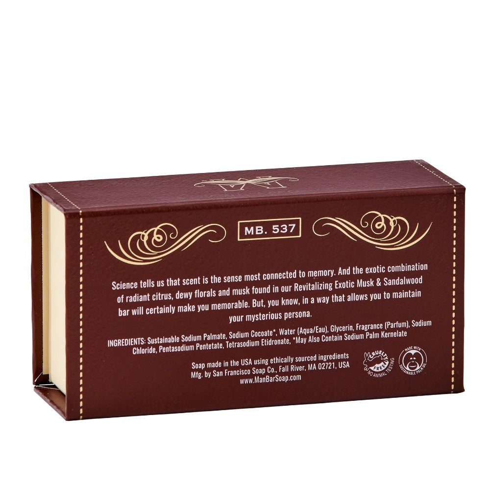 Brown soap box with gold accents and descriptive text.
