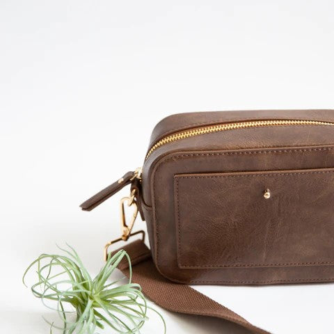 Brown leather bag with gold zipper, next to a small green plant.