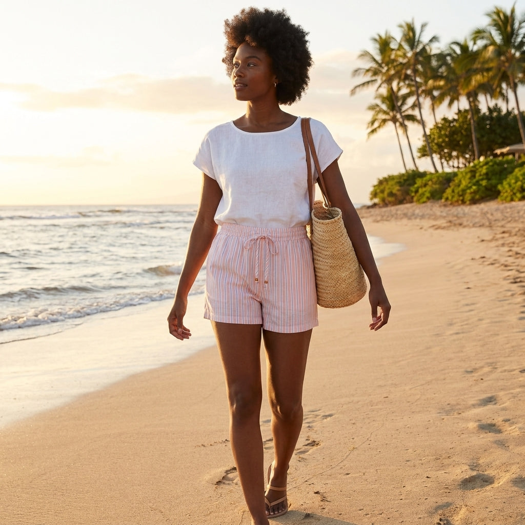 Woman in white tee walks on beach at sunset, carrying a straw bag.