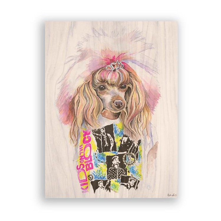 Dog with pink tiara and colorful shirt, styled glamorously.
