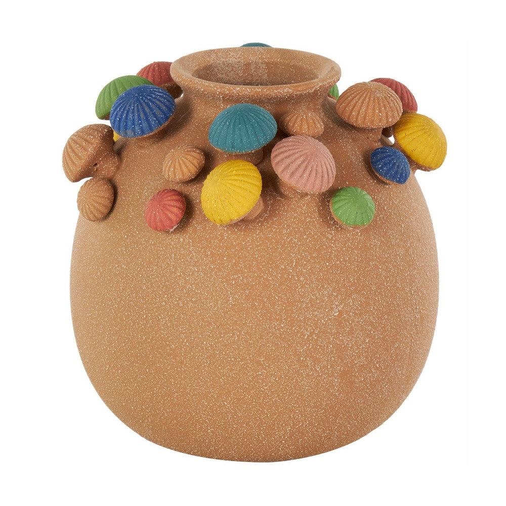 Brown vase adorned with colorful seashells.