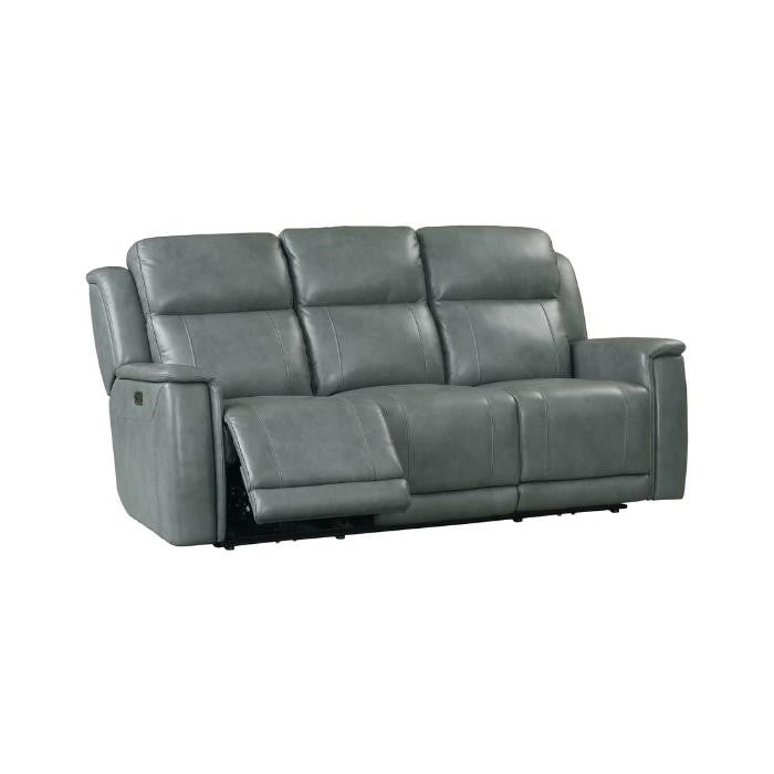 Gray leather reclining sofa with two seats up and one partially reclined.