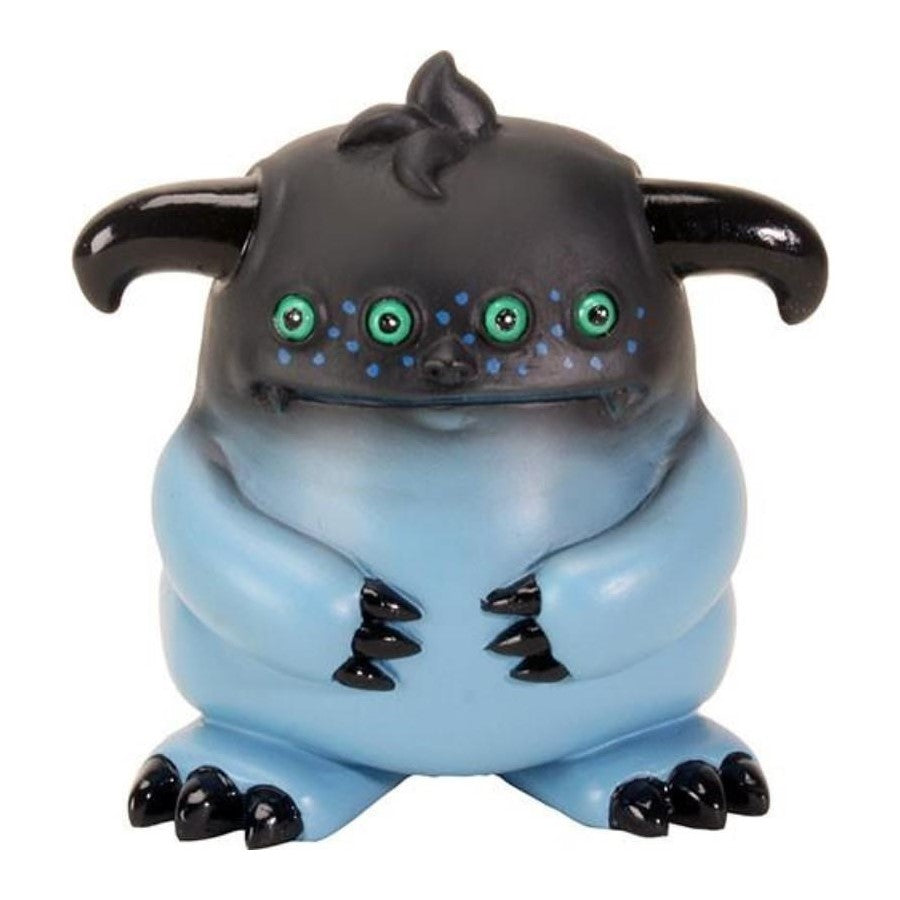 Blue creature with four eyes, horns, and black claws.