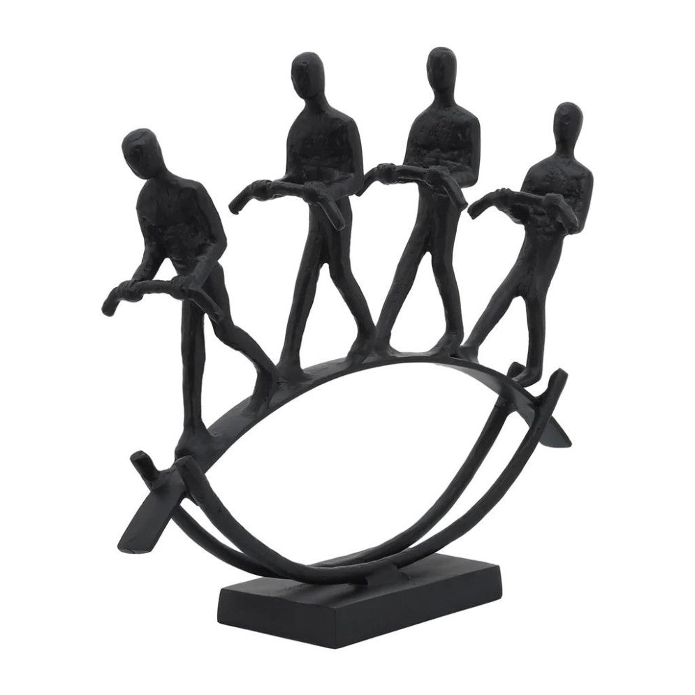 Four abstract figures balancing on a curved structure.