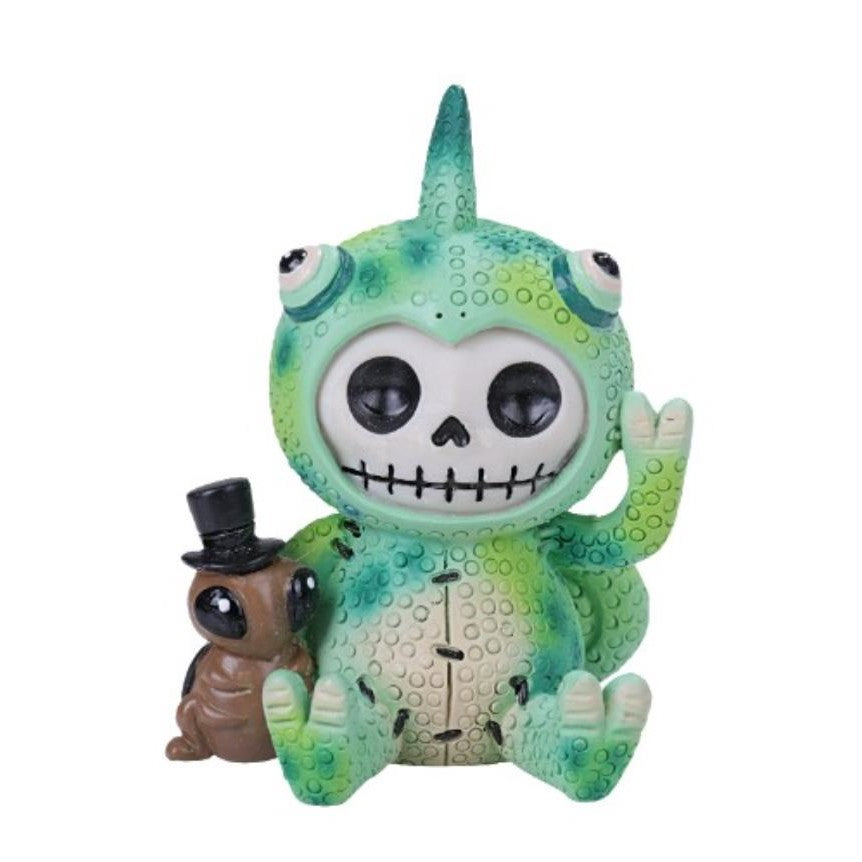 Cute chameleon figure with skull face and a small top hat bird.