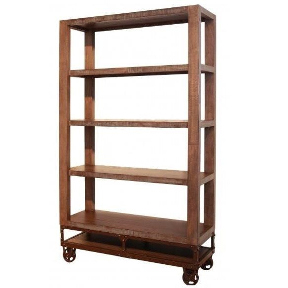 Wooden bookcase with five shelves on wheels.