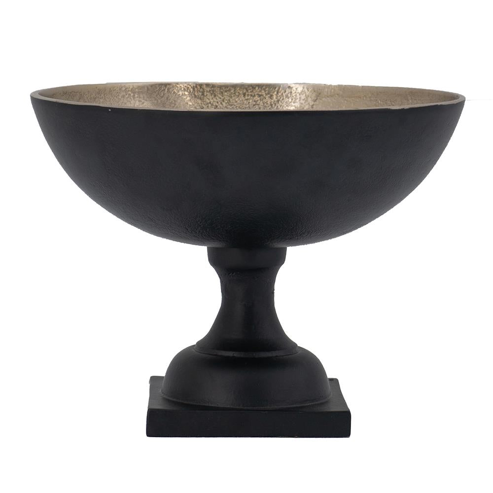 Black decorative bowl with metallic interior on a pedestal base.