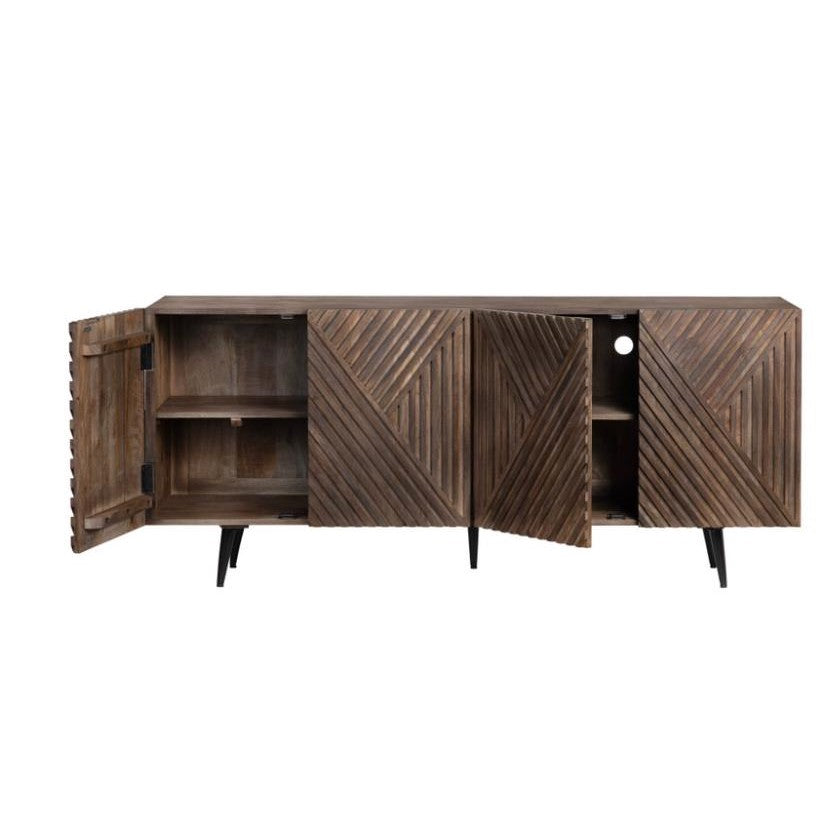 Wooden sideboard with geometric pattern and open doors.