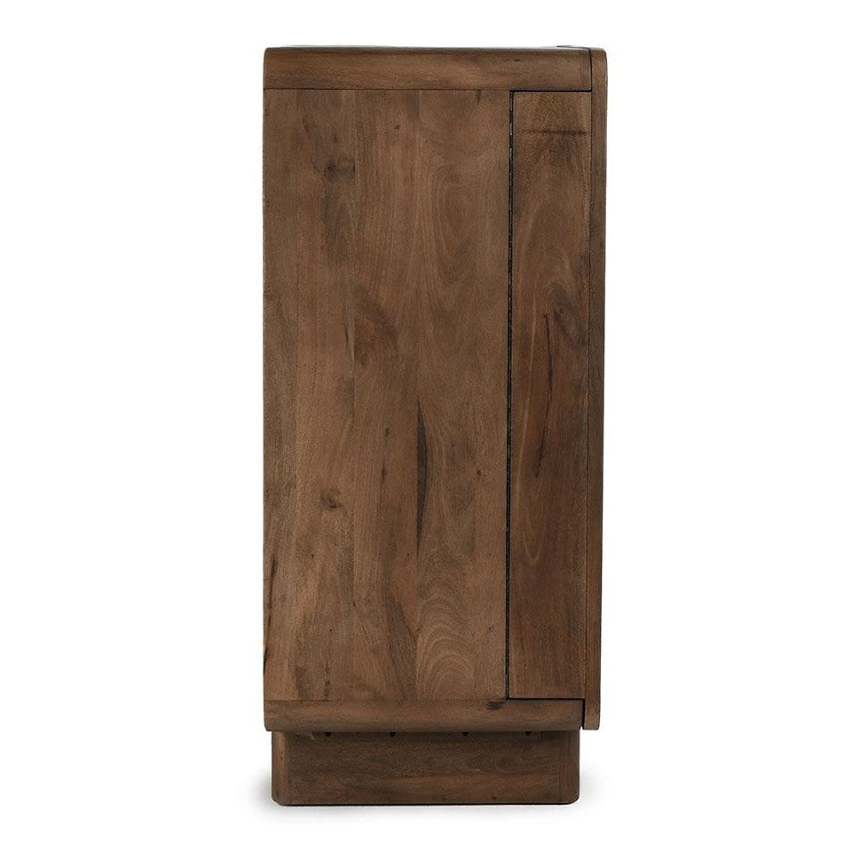 Side view of a wooden cabinet, showcasing natural grain.