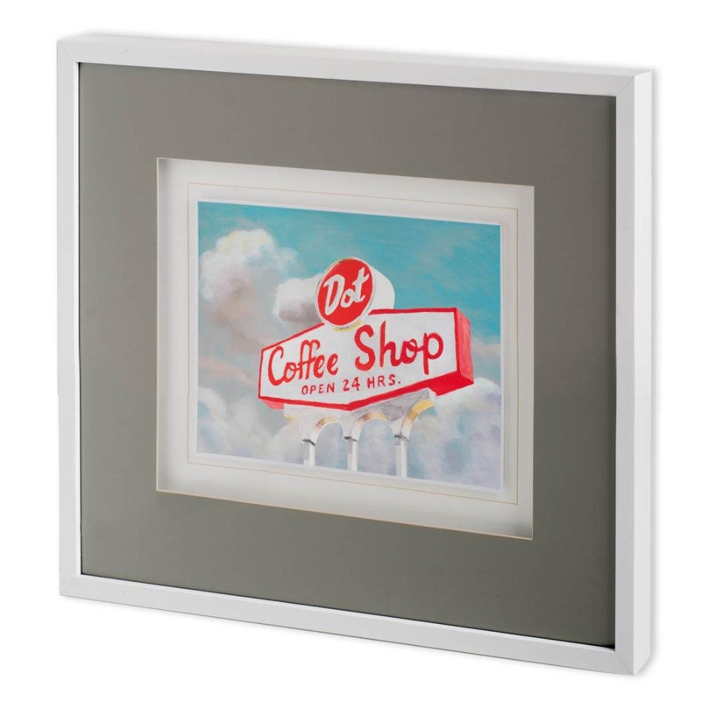 Framed painting of a retro "Coffee Shop" sign against a cloudy sky.