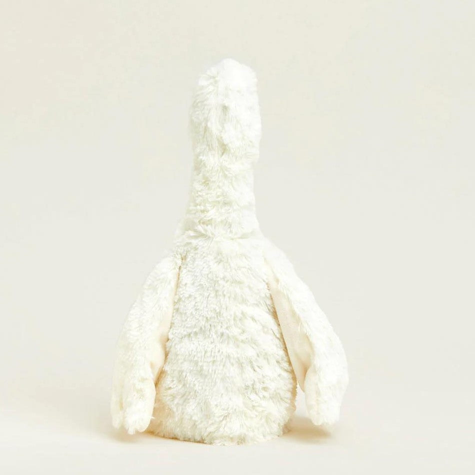 Fluffy white stuffed animal with a neck and wings, back view.