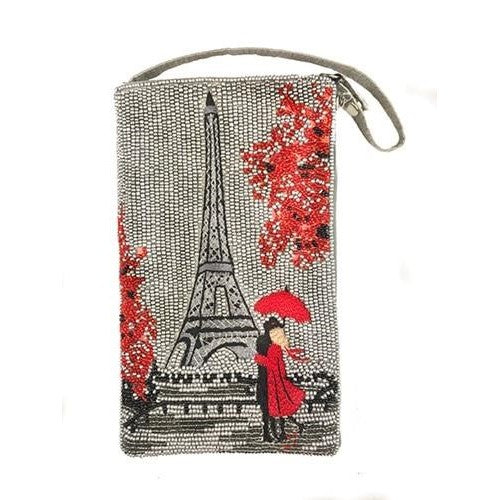 Elegant beaded bag with Eiffel Tower and red umbrella design.