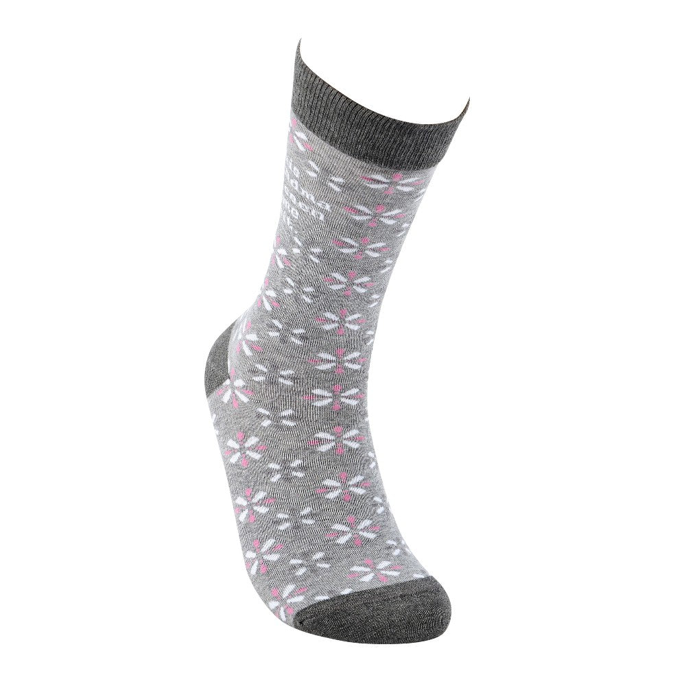 Gray sock with white and pink floral pattern.