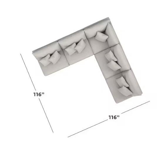 L-shaped gray sofa, 116" x 116", with six cushions.