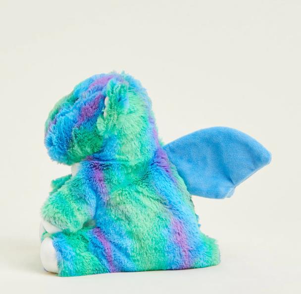 Colorful plush dragon with wings from the side view.