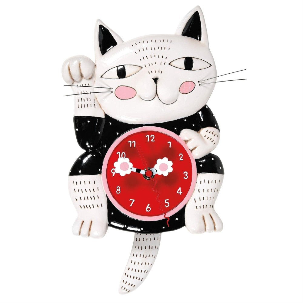Cat-shaped clock with a red face and moving tail pendulum.