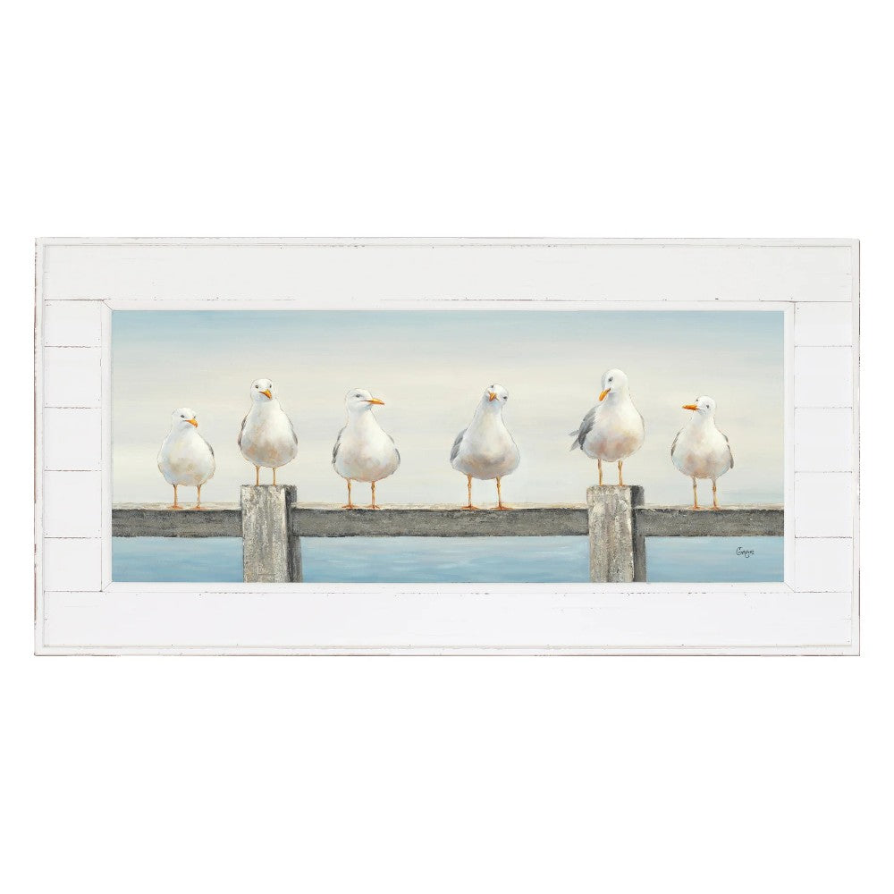 Six seagulls perched on a wooden beam, serene seascape painting.