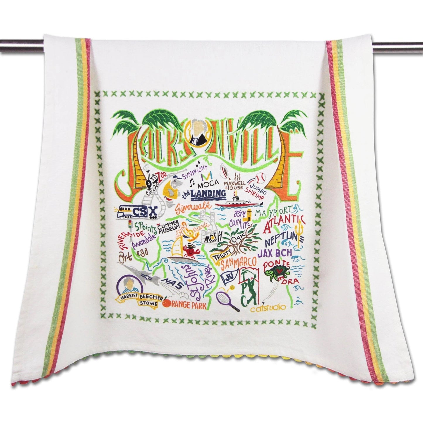 Colorful Jacksonville map towel with landmarks and text.