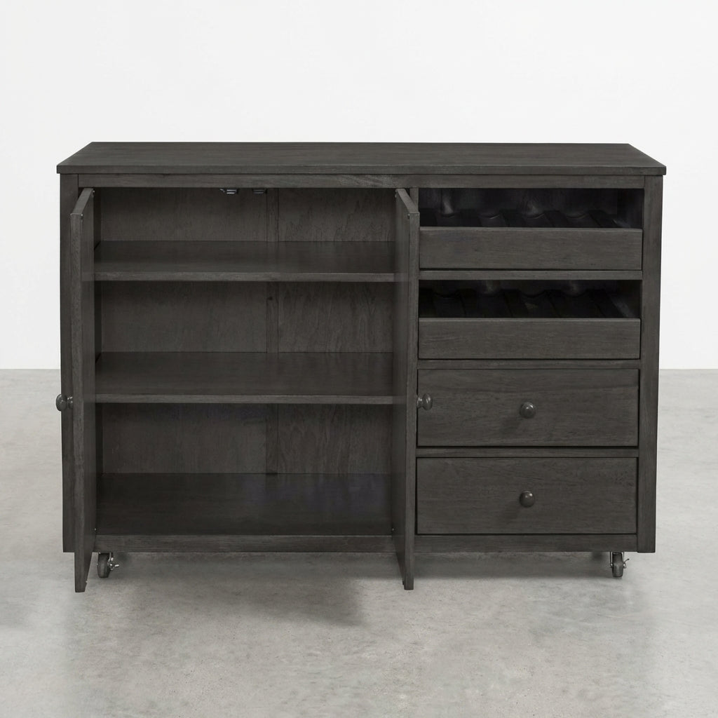 Dark wood cabinet with shelves, wine rack, and drawers.