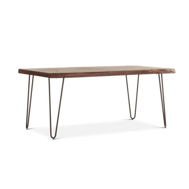 Wooden table with metal hairpin legs.