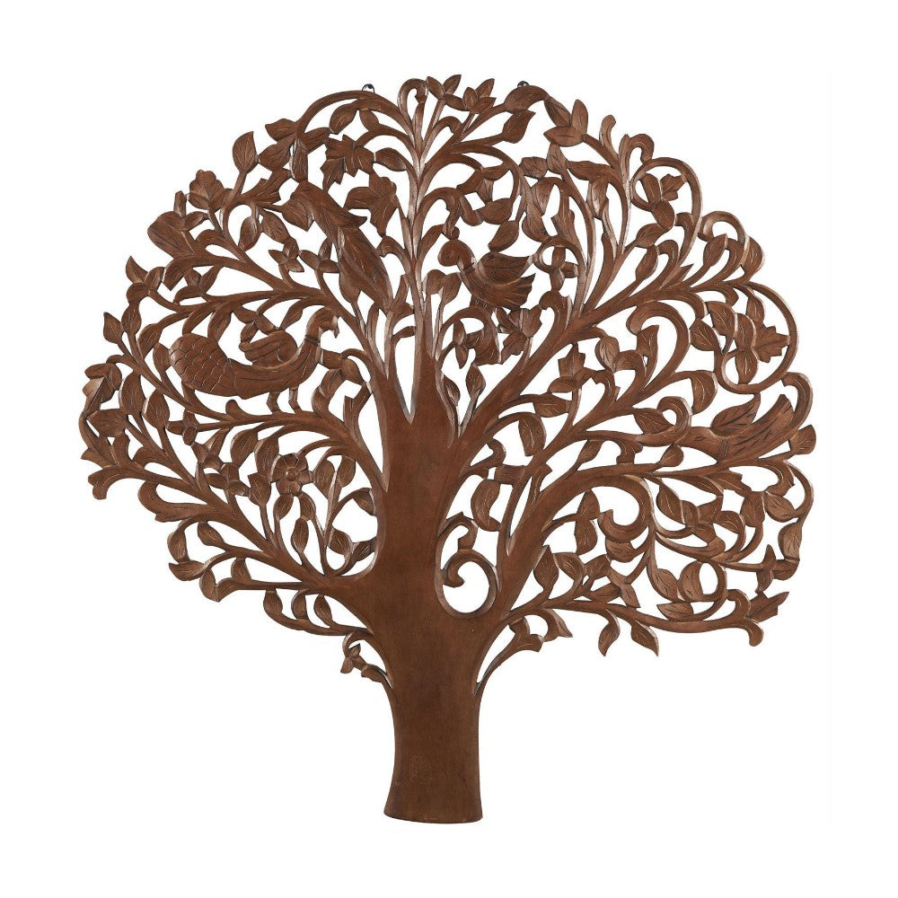 Intricate wooden tree carving with swirling branches.