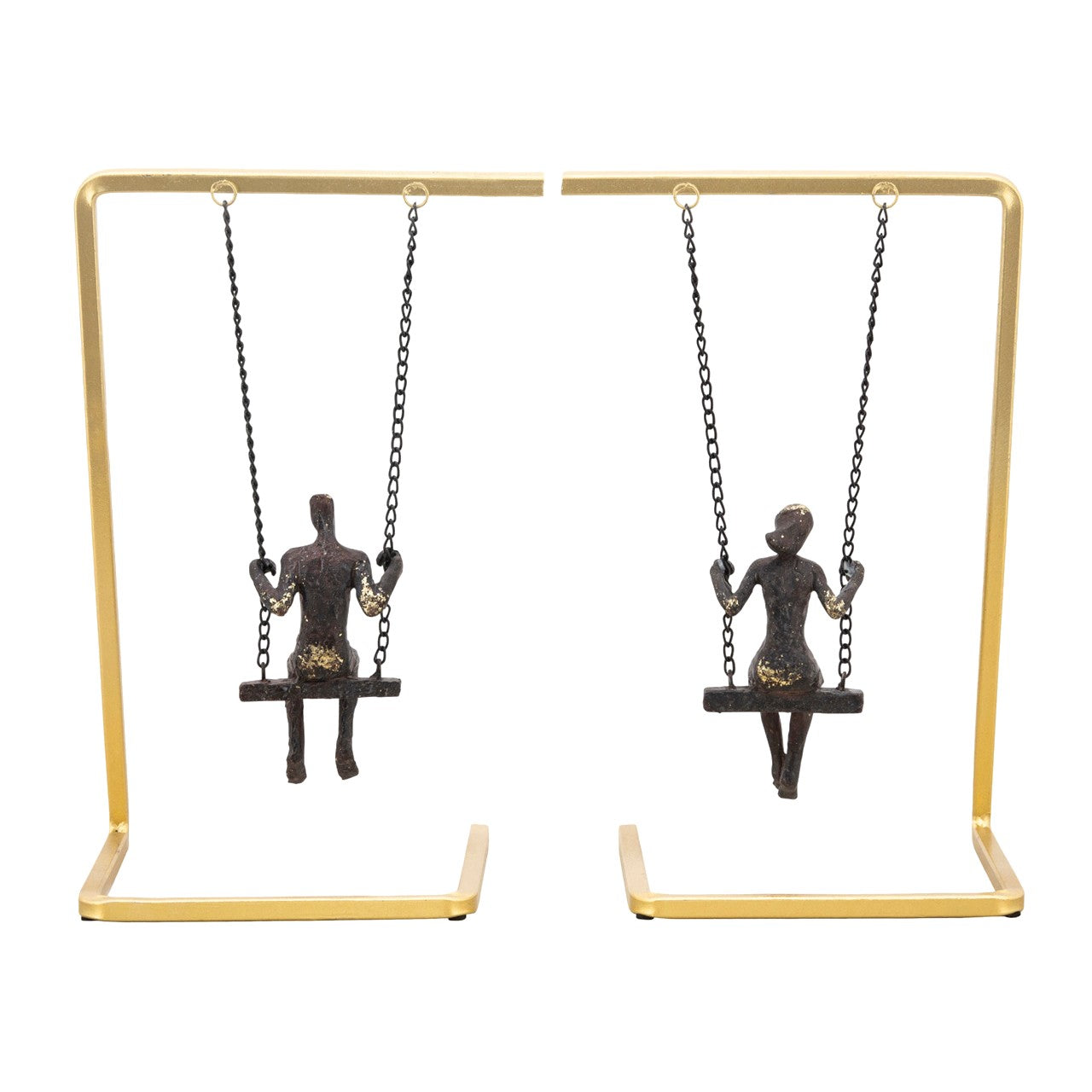 Two abstract figures on swings in golden frames.