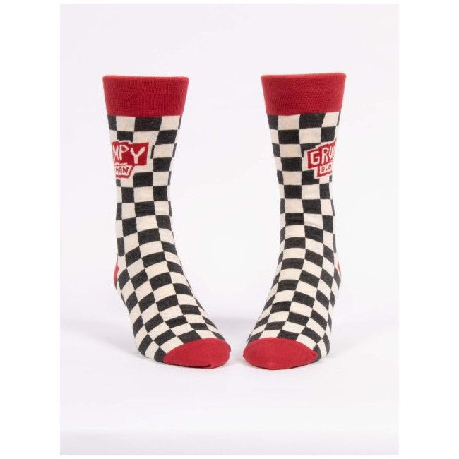 Checkered socks with red accents and "Grumpy Old Man" text.