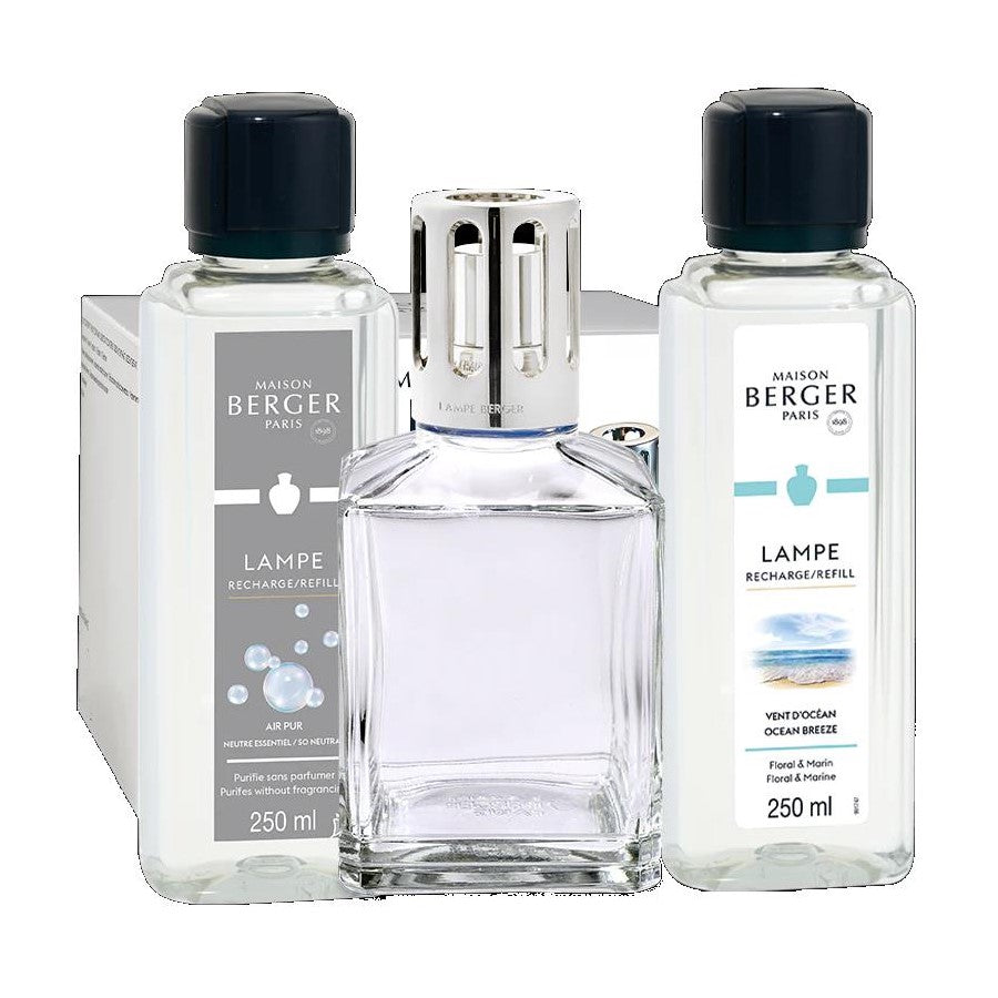 Maison Berger lamp set with fragrance refill bottles.