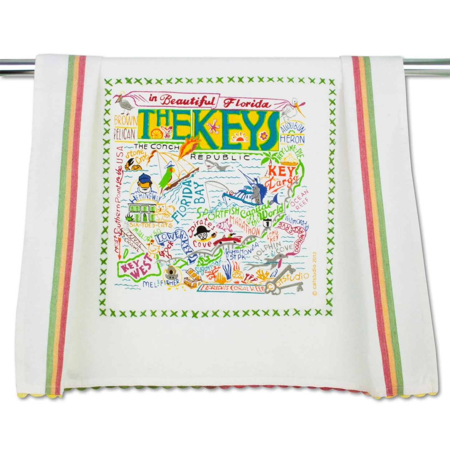 Colorful Florida Keys map on a decorative towel.