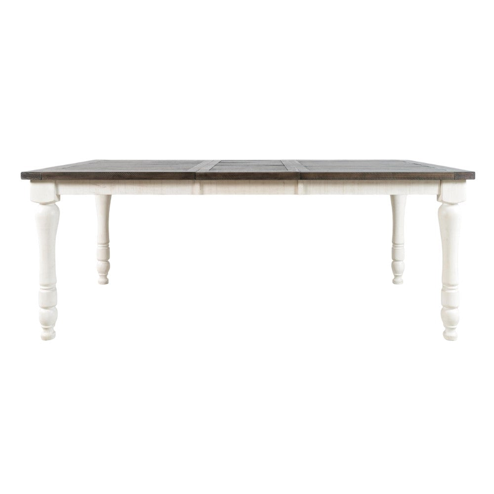 White-legged wooden dining table with a dark brown top.