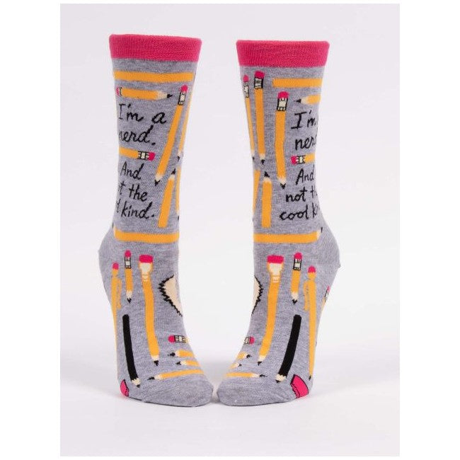 Gray socks with pencils and "I'm a nerd" text, pink heels and cuffs.