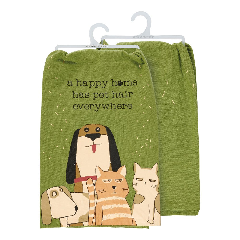 Green tea towel with cartoon pets and "a happy home has pet hair everywhere."