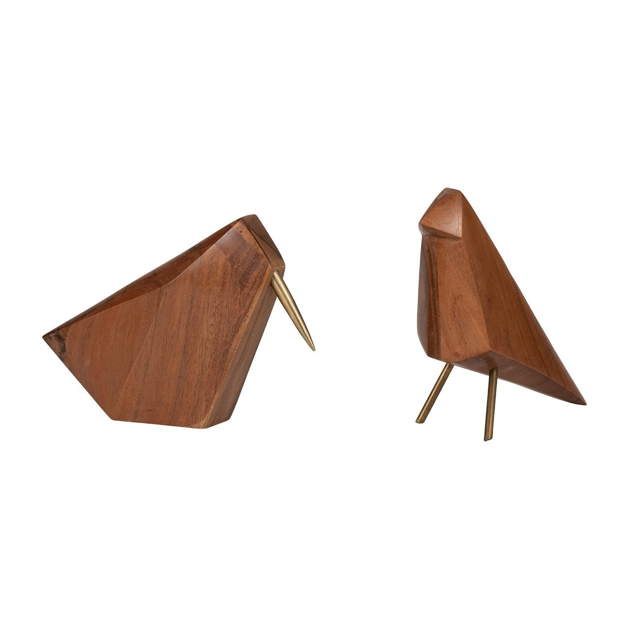 Two minimalist wooden bird sculptures with brass legs and beaks.