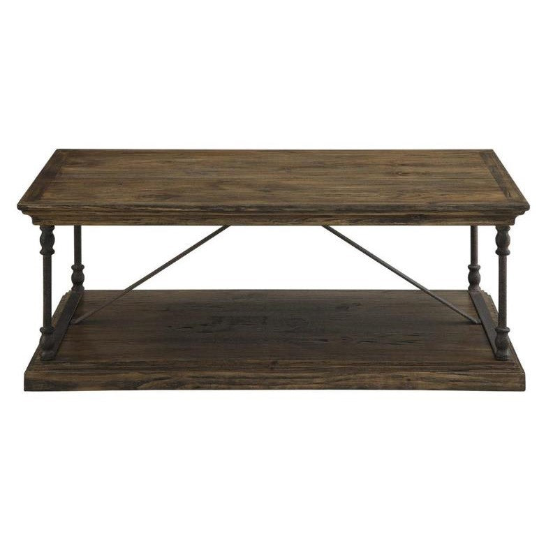 Wooden coffee table with metal supports and lower shelf.