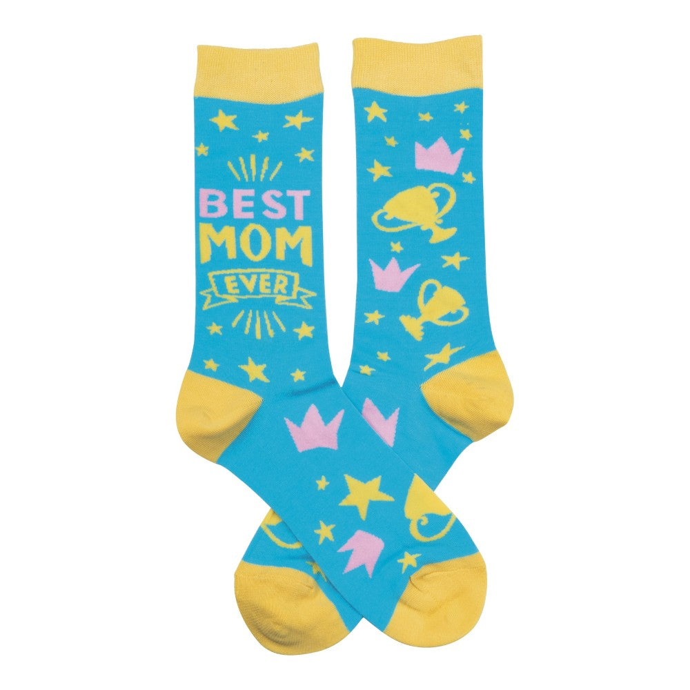 Blue socks with "Best Mom Ever" and star, crown, and trophy designs.