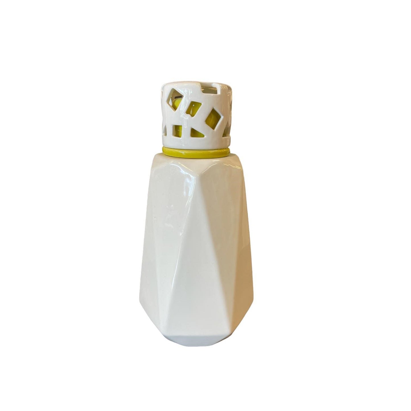 White geometric vase with cutout top design.