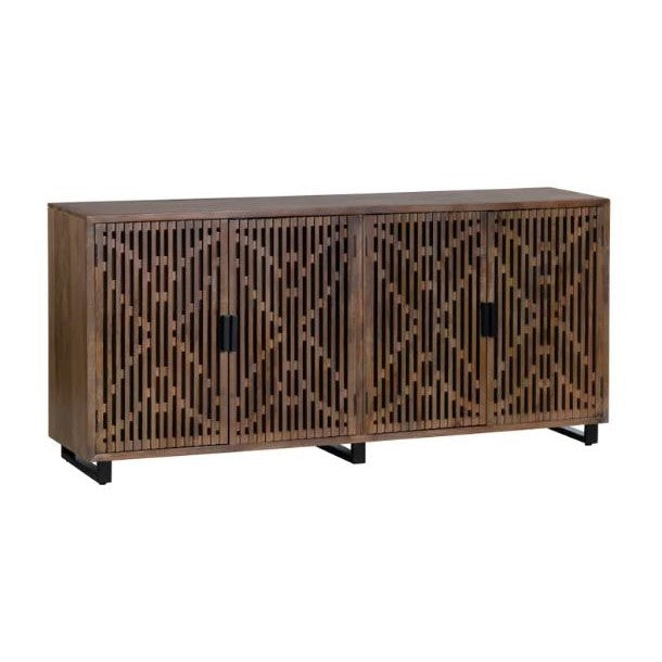 Dark wood sideboard with geometric lattice doors.