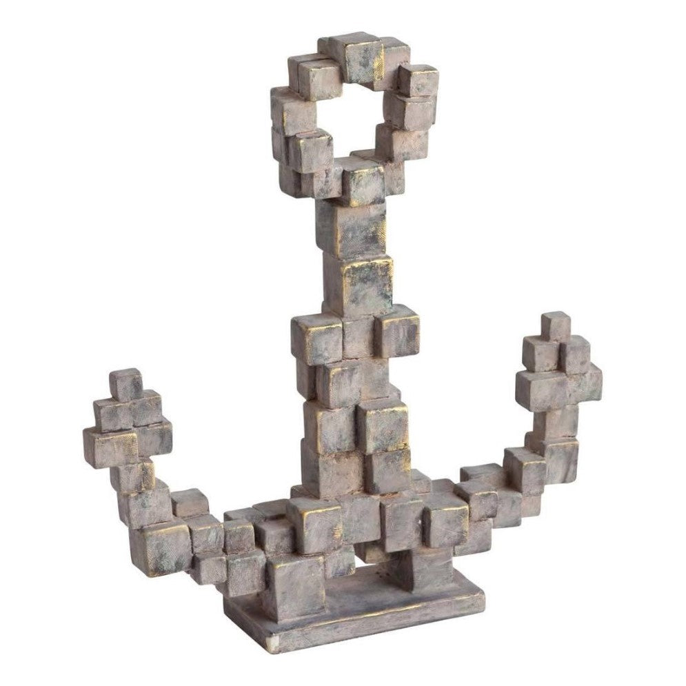 Blocky anchor sculpture made of cubed segments.