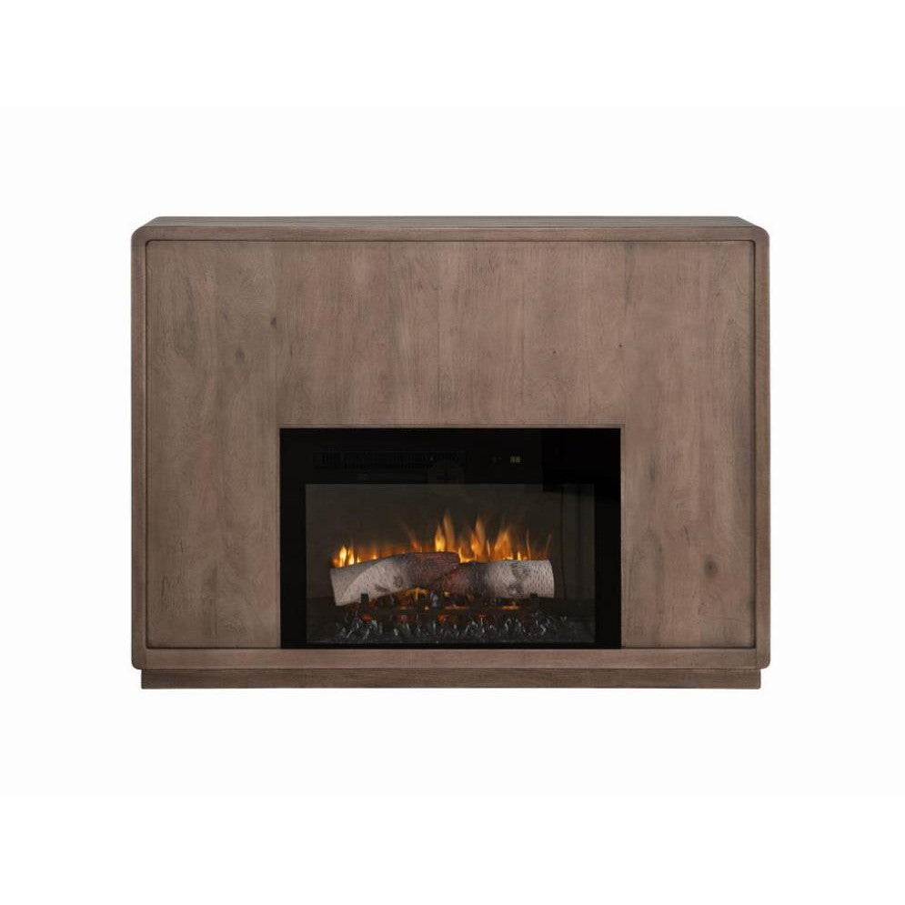 Modern electric fireplace with a wooden frame and flickering flames.