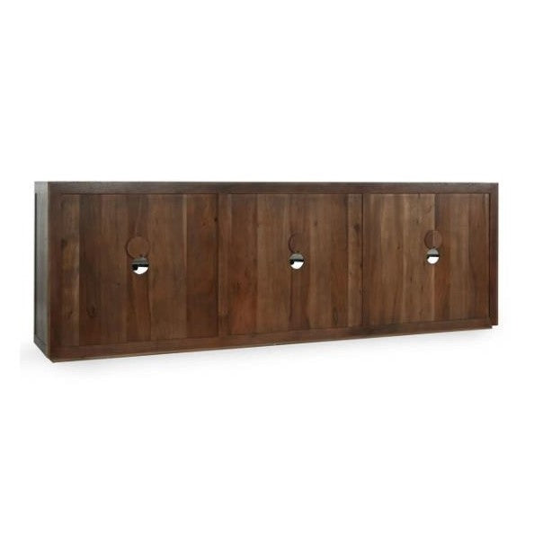 Wooden sideboard with four doors and circular metal handles.
