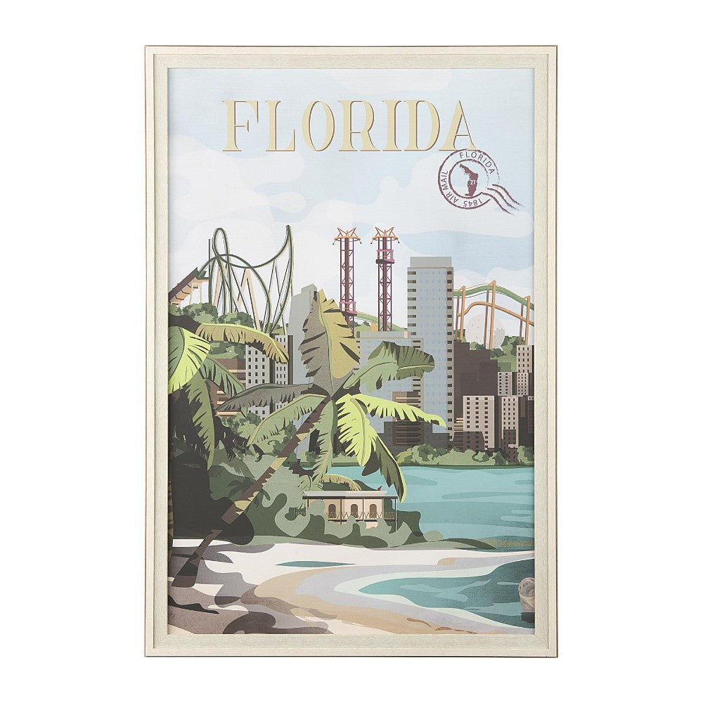 Vintage Florida poster with palm trees, skyline, and theme park rides.