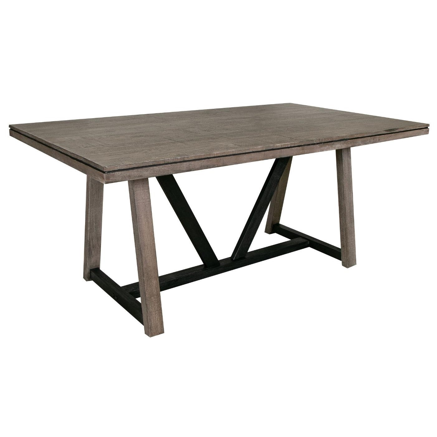 Wooden dining table with V-shaped support beams.
