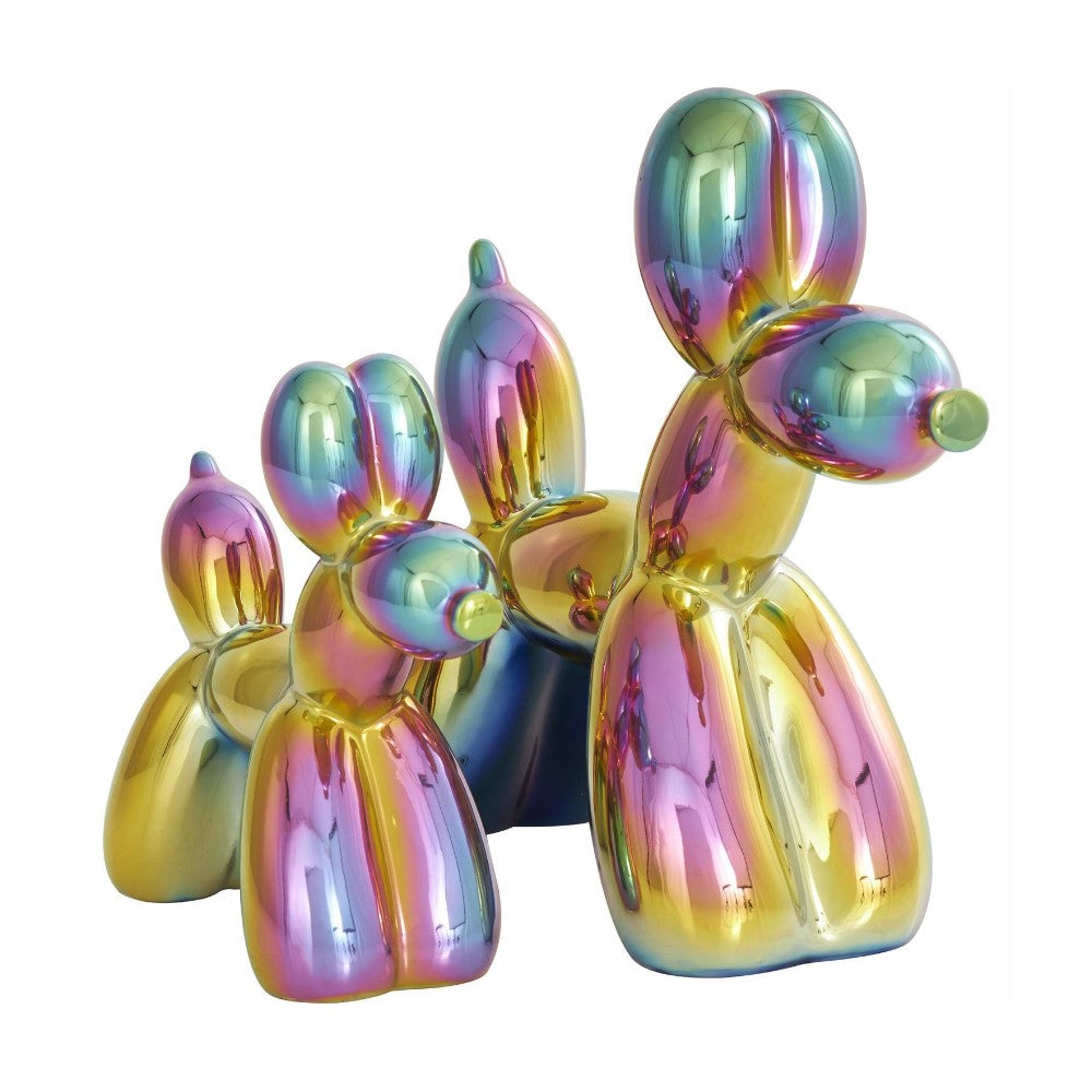 Colorful balloon animal sculptures with a shiny, metallic finish.