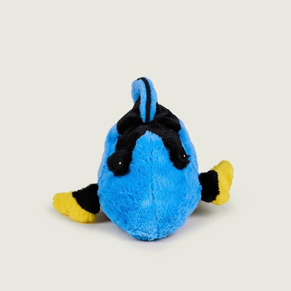 Blue and yellow plush fish toy on a plain background.