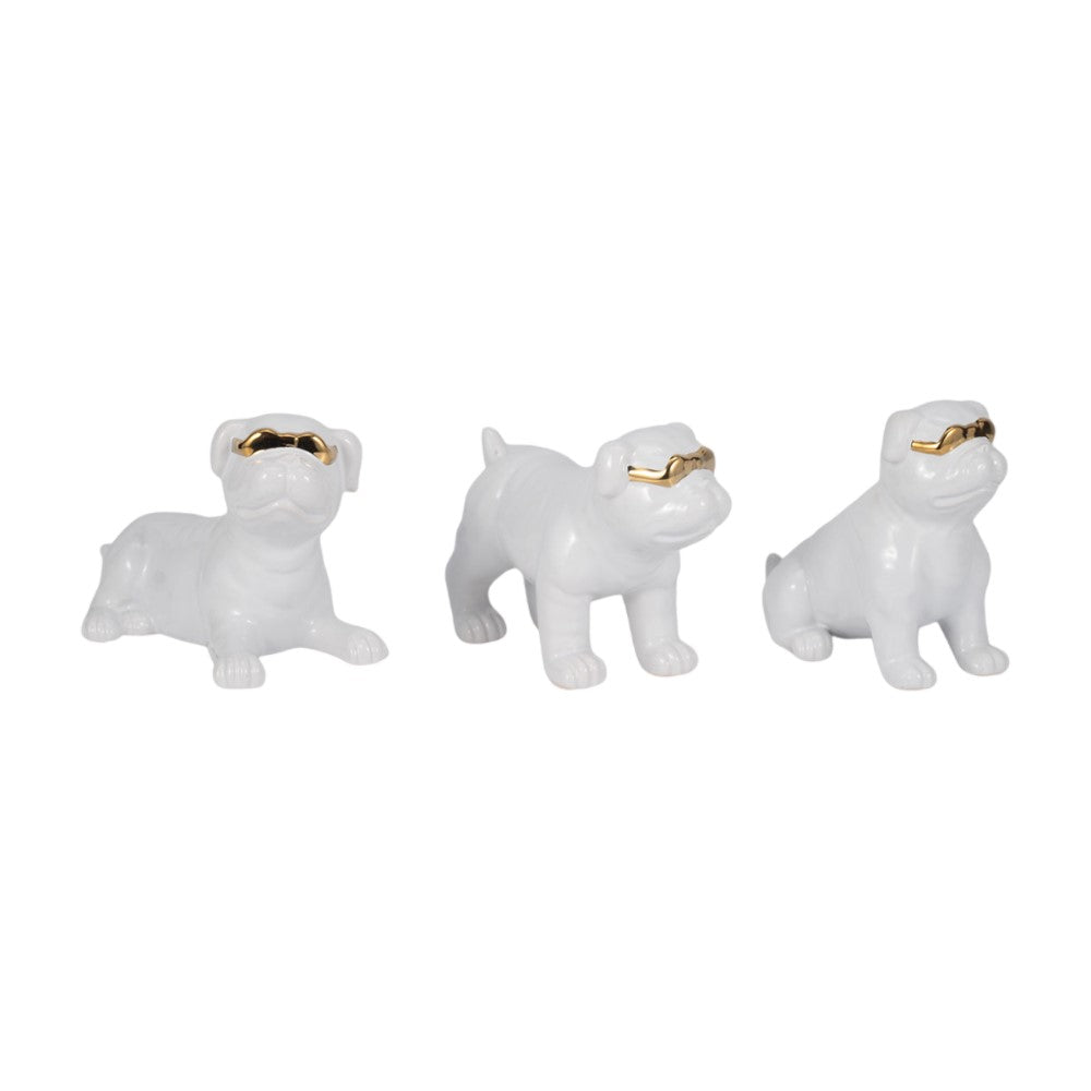 Three white ceramic dog figurines wearing gold sunglasses.
