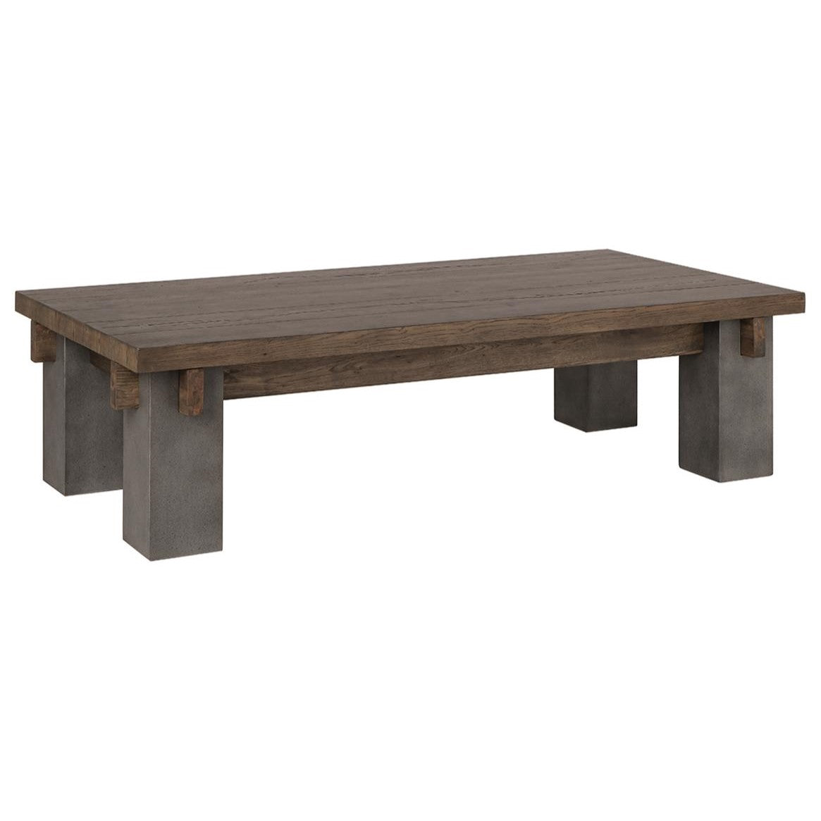 Modern rustic coffee table with a wooden top and concrete legs.